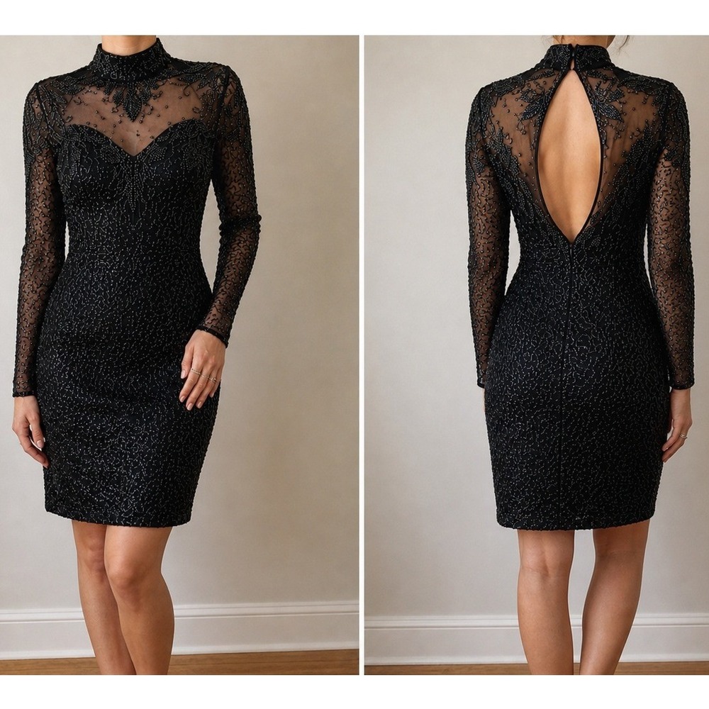 Oleg Cassini Whimsigoth Silk Bead Cocktail Dress Small Sheer Mesh Keyhole Back